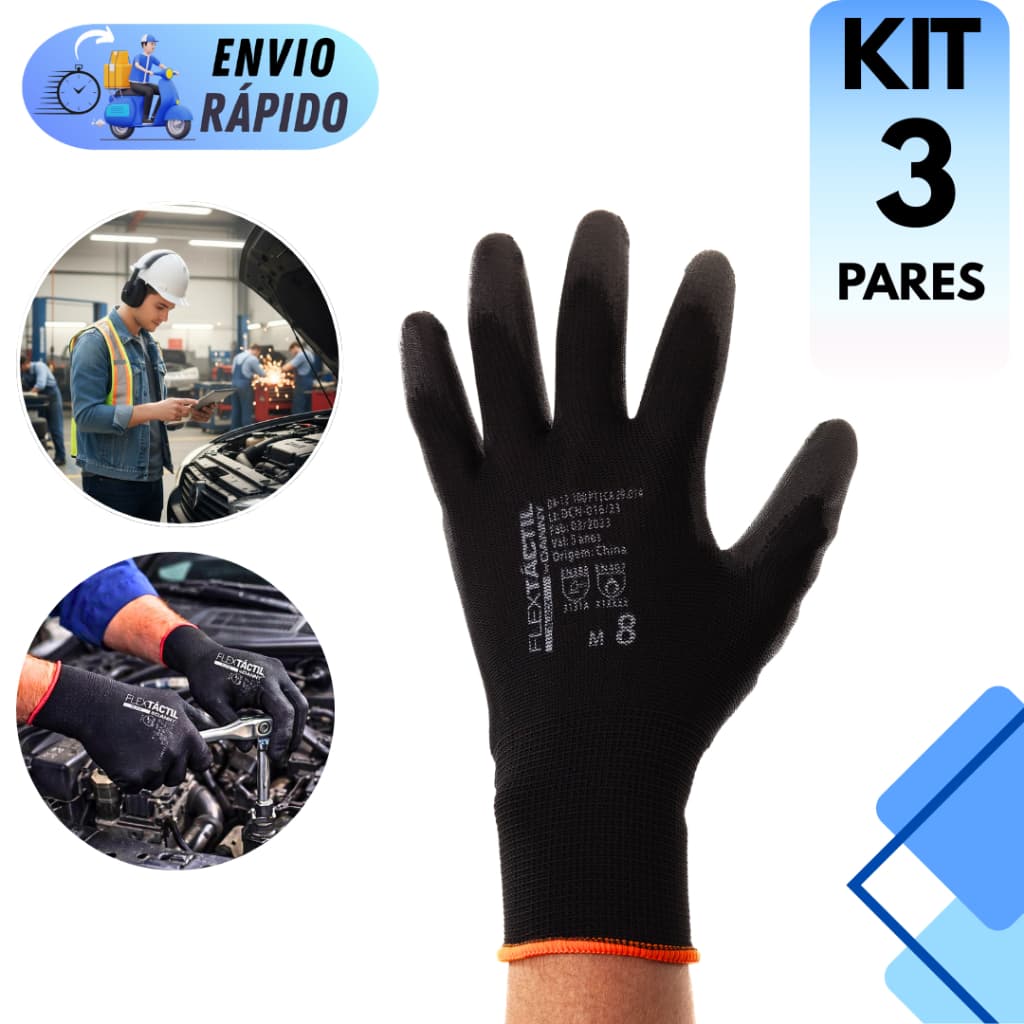 KIT 3 LUVA DE PROTEÇÃO PRETA ANTIESTÁTICA MULTITATO ANTIDERRAPANTE DANNY EPI SEGURANÇA MECÂNICO