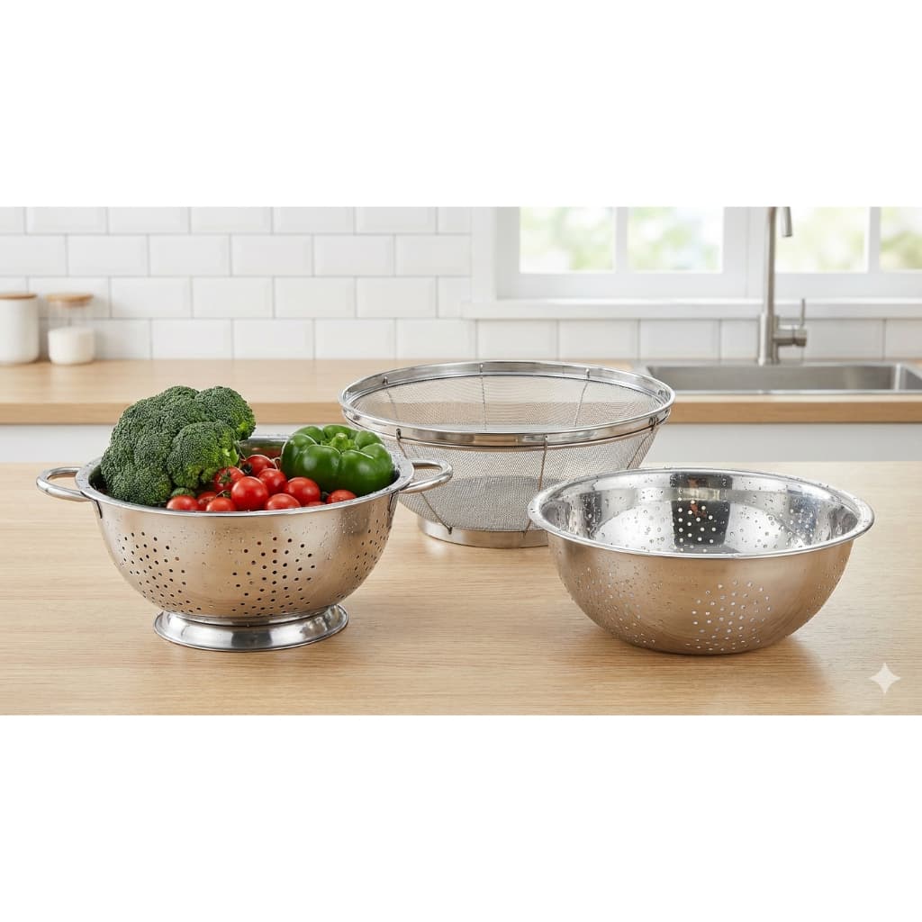 KIT 3 Escorredores Inox de Massa, Arroz e Legumes 24 cm Resistente Premium Qualidade