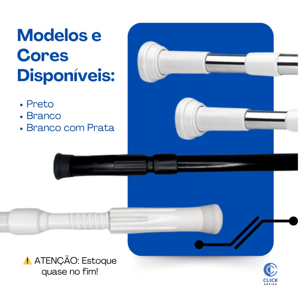 VARÃO AJUSTÁVEL  PARA CORTINA E BOX EXTENSÍVEL INSTALAÇÃO S/ FUROS, EM ALUMÍNIO COM PONTEIRAS