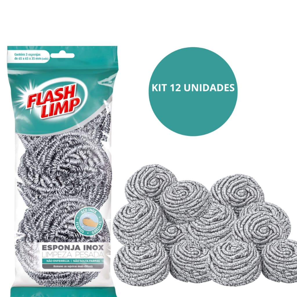 Kit 12 Esponja Inox Limpeza Pesada de Lavar Louça Flash Limp