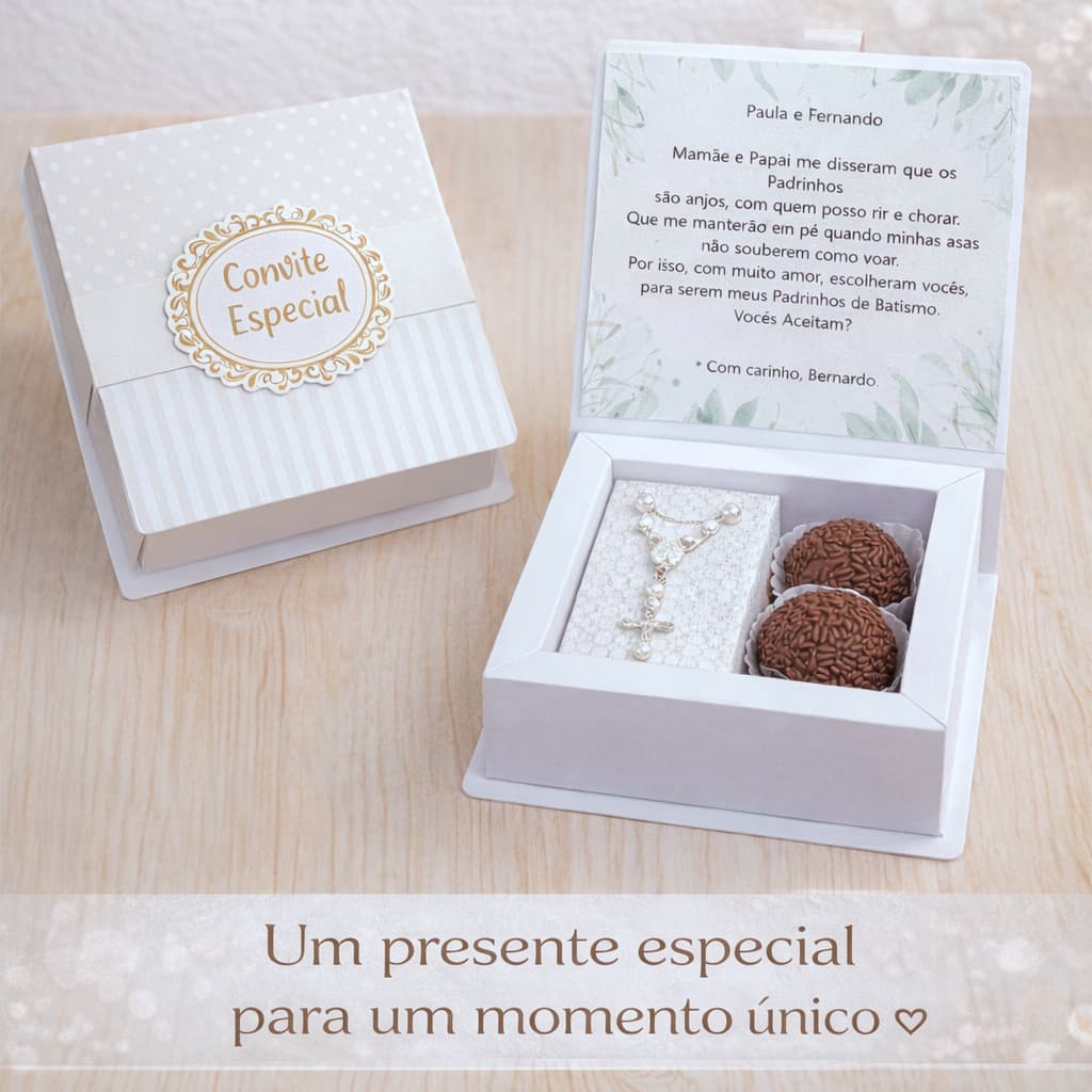 Caixa Convite de batismo, com mini terço