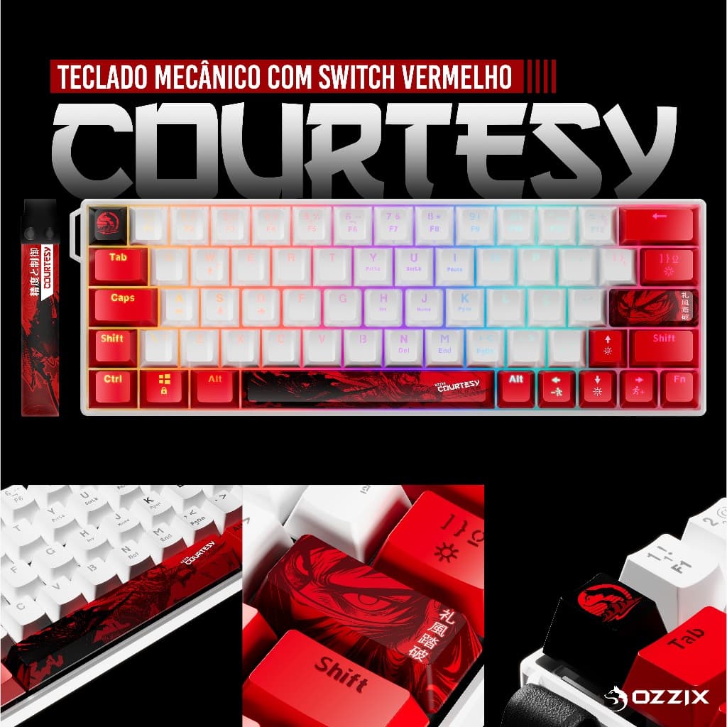 Teclado Mecânico Keycaps Personalizado com Fitinha Courtesy 65% Premium Exclusivo Switch Red RGB Cultura Japonesa