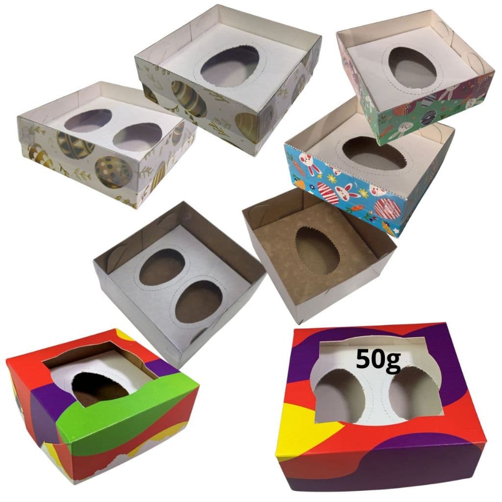 Caixa  ovo de Páscoa de colher  50g  Para Um ou Dois Ovos Com Tampa de Acetato 25mm Que Permite Empilhamento.