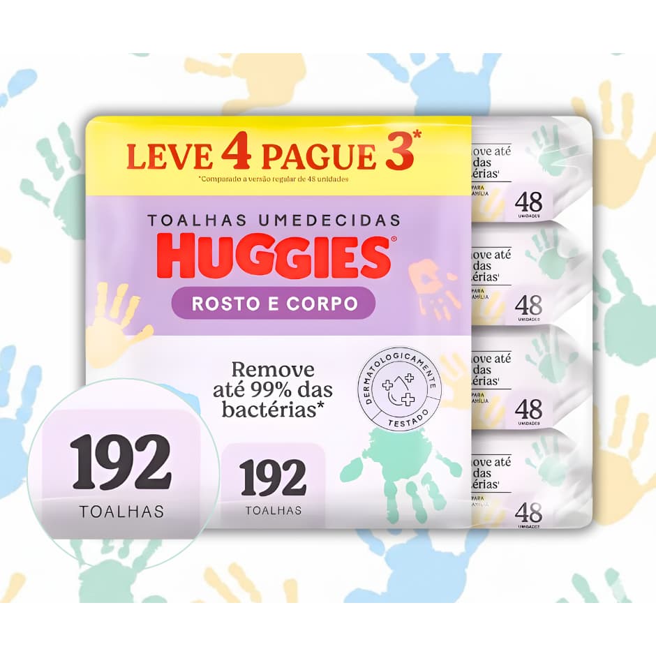 Kit c/4 Pacotes Lenços Umedecidos Huggies - 192 Toalhas - Limpeza Rosto e Corpo - Envio Imediato