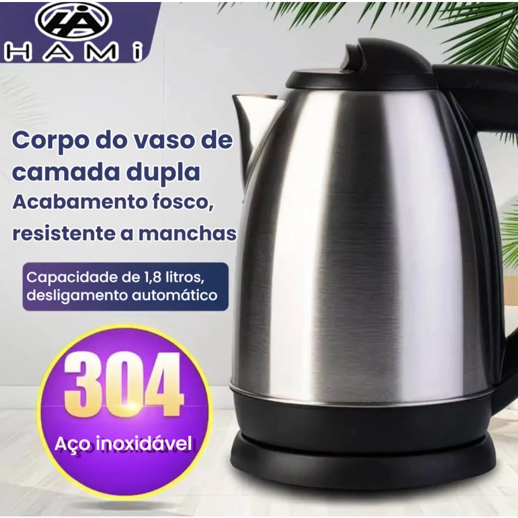 Chaleira Elétrica Inox/vidro 1.8L Ferve Água Rápido Desligamento Automático 110V/220V