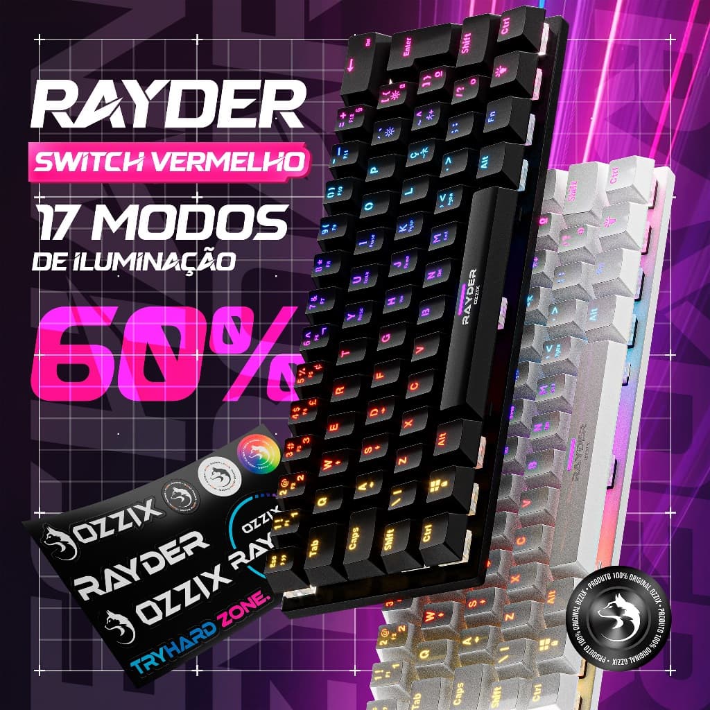 Teclado Mecânico Gamer Red Switch Rayder RGB 60% Compacto Profissional ABNT2 Original Ozzix