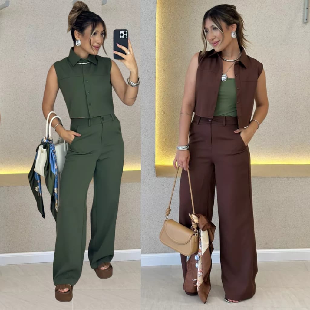 Conjunto Alfaiataria Feminino Clássico Calça Pantalona + Colete Sem Mangas Cintura Alta