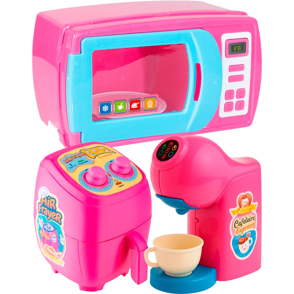 KIT DE BRIQUENDO ELETRODOMESTICO ROSA PARA MENINAS, CAFETEIRA, AIRFRYER, MICROONDAS, VAMOS IMAGINAR A COZINHA PERFEITA