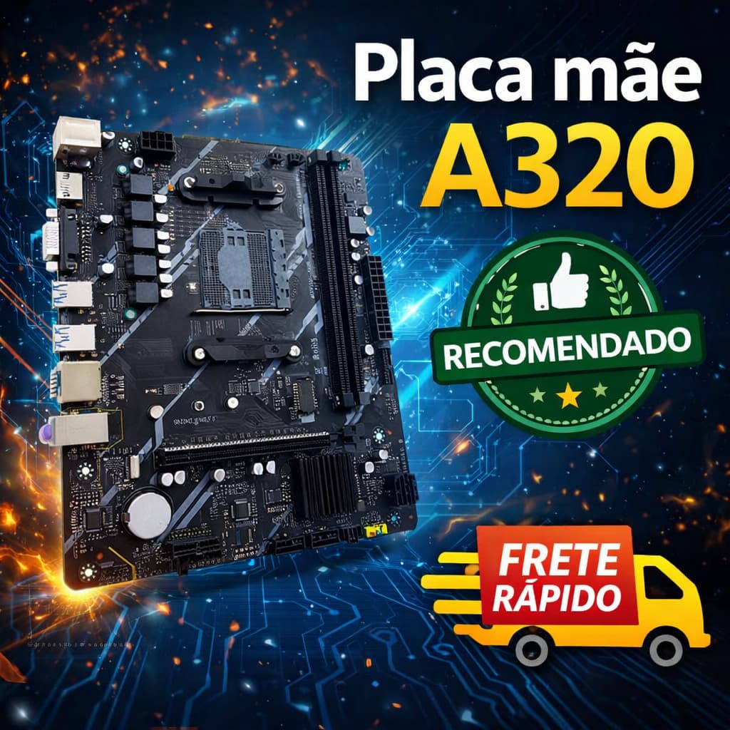 Placa-Mãe A320 AM4 p/ Ryzen | M.2 NVMe | HDMI+VGA | USB 3.0 | 32GB DDR4