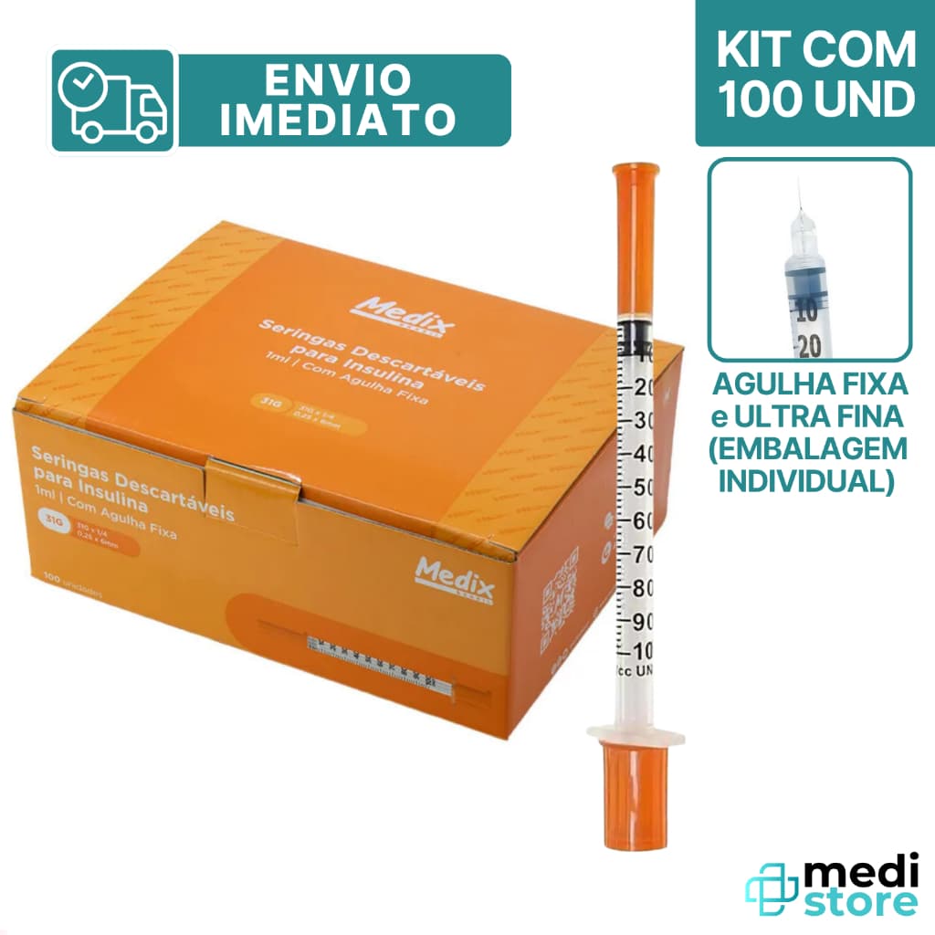 Seringa Insulina Botox Estéril 1ml 6x0,25mm Agulha Fixa Ultra Fina 31g Medix - 100 Unidades
