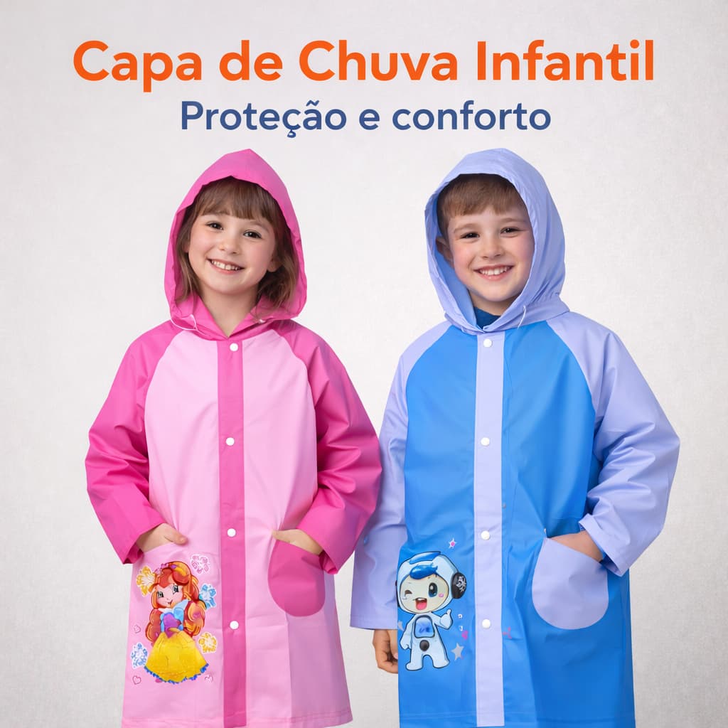 Capa de Chuva Infantil Impermeável com Capuz – Menina e Menino | Tamanhos 8, 10 e 12