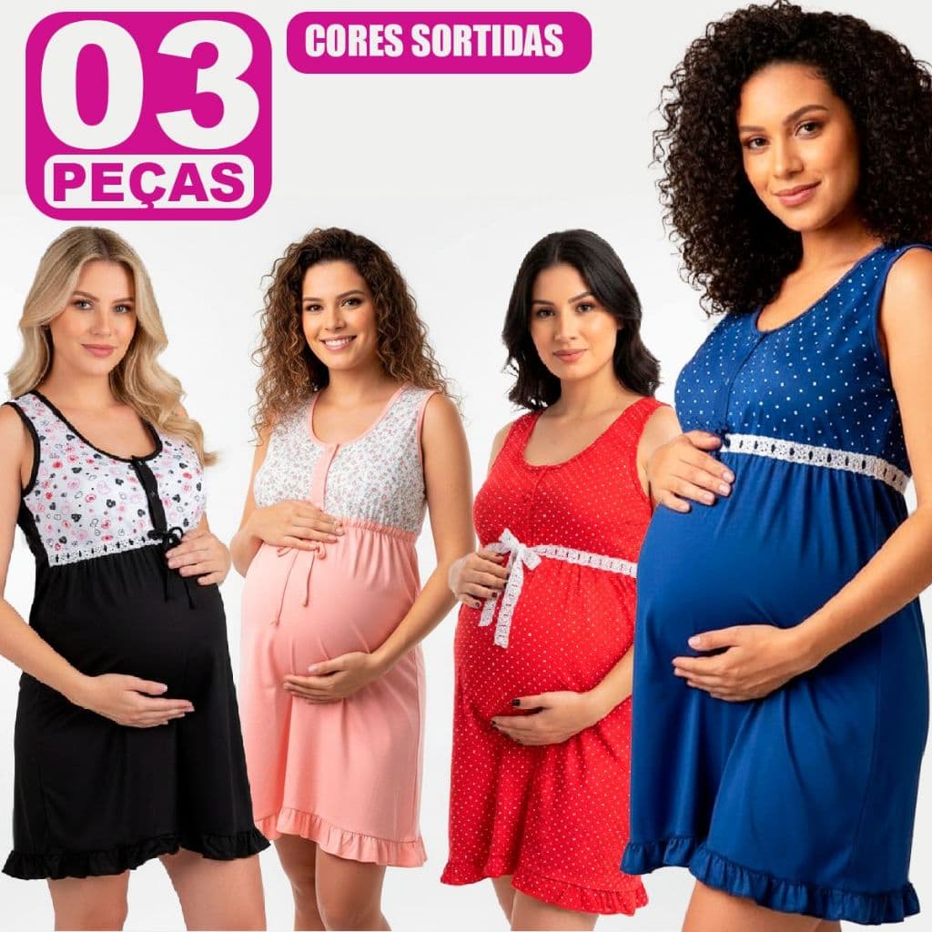 KIT CAMISOLAS GESTANTES VESTIDO AMAMENTEÇÃO 3 PEÇAS PÓS-PARTO SENHORAS PLUS SIZER - CORES SORTIDAS