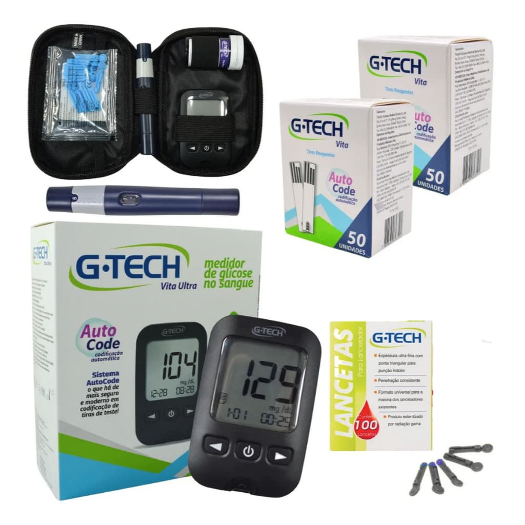 Kit Medidor de Glicose +110 Tiras +110 Lancetas G Tech Vita Ultra Estojo Caneta Lancetadora Completo