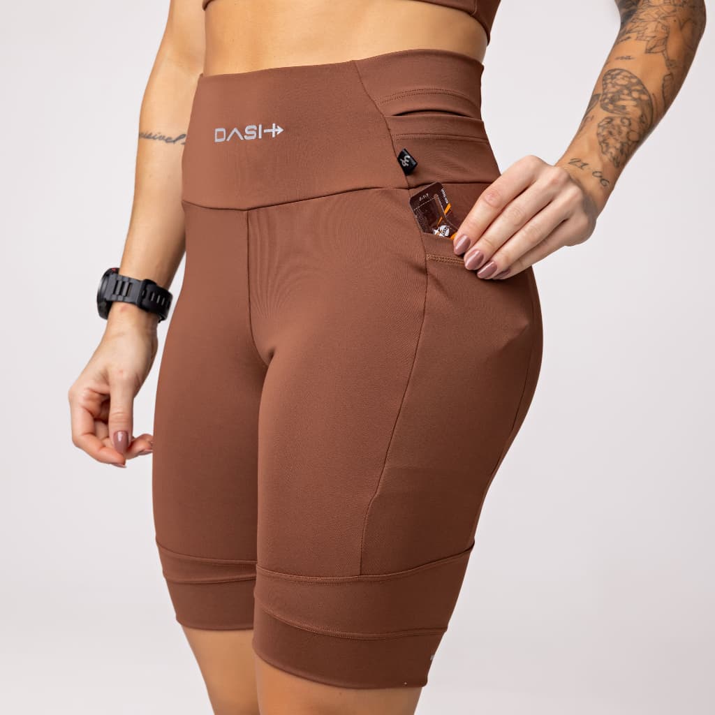 Bermuda Fitness Feminina Cintura Alta com 6 Bolsos (Celular/Gel/Garrafa) UV50+ Corrida Bike Treino