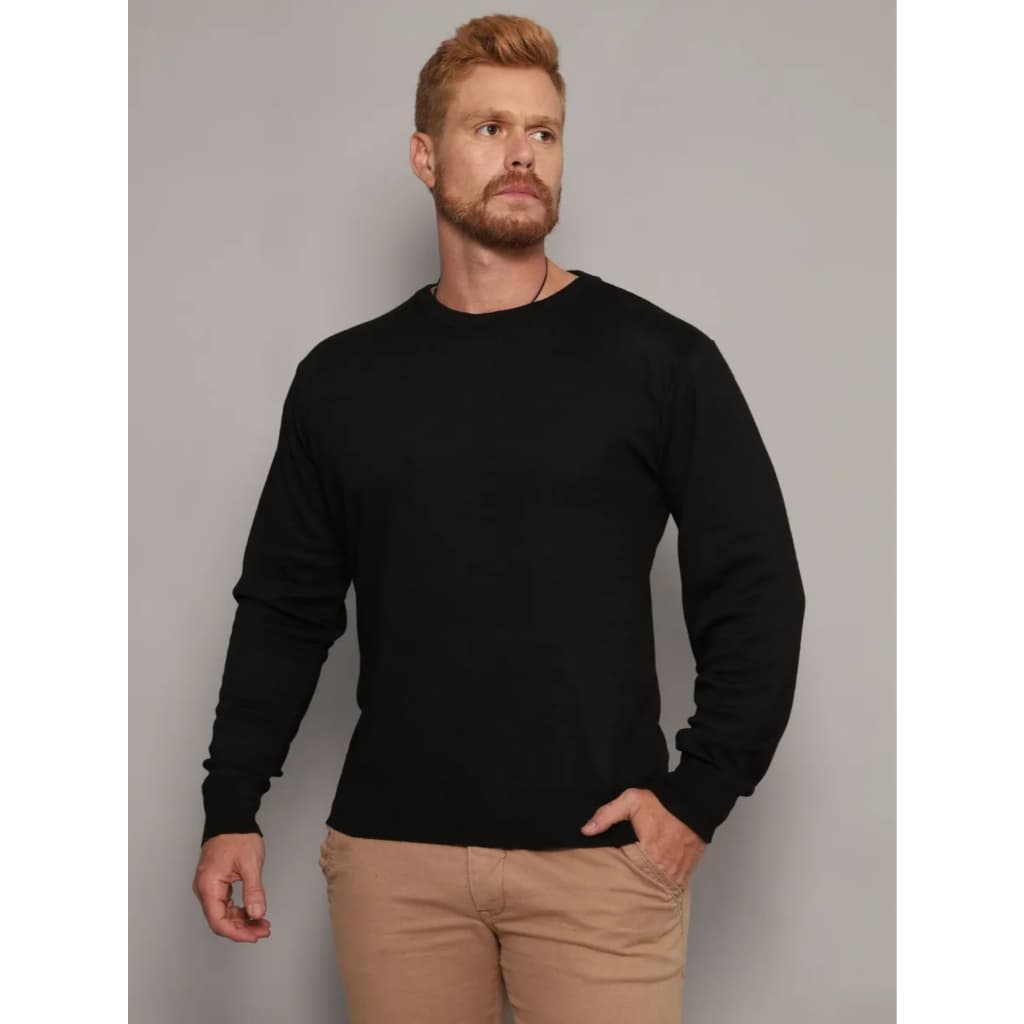 Sueter Masculino Gola U Preto Basic Tricot Blusa Manga Longa