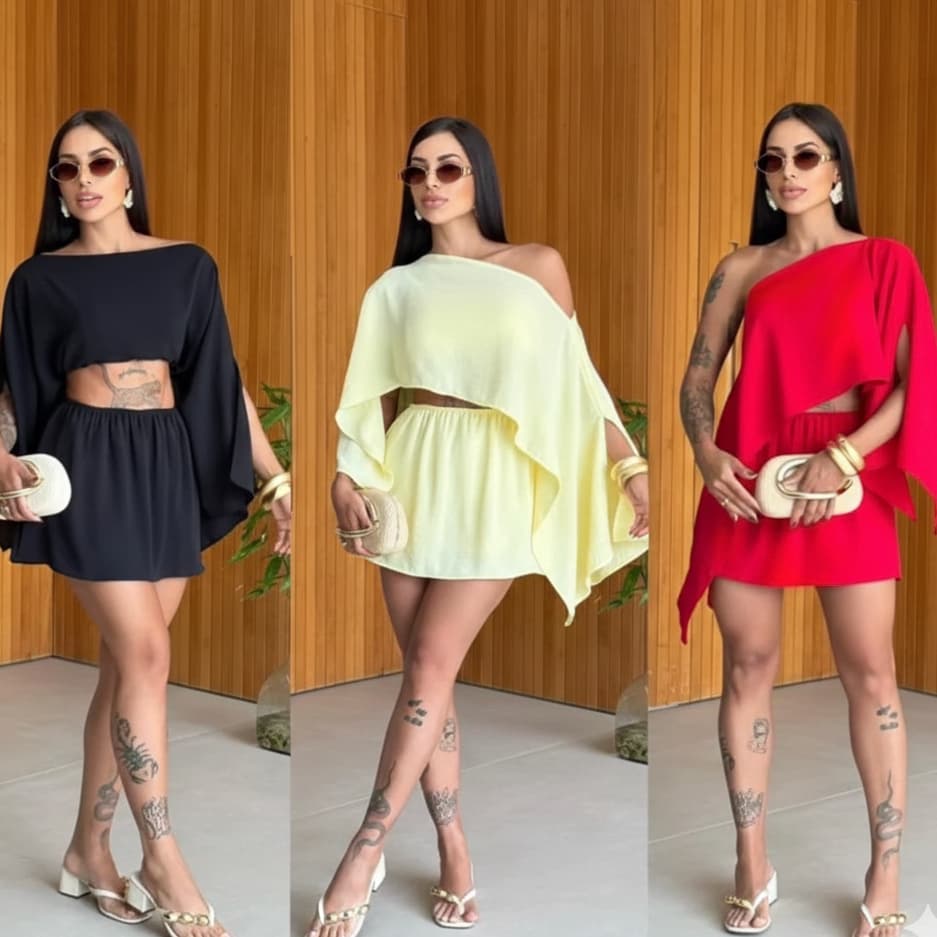 Conjunto Feminino 3 Peças Short Saia Blusa Capa no Tecido Duna | Elegante, Moderno e Casual.