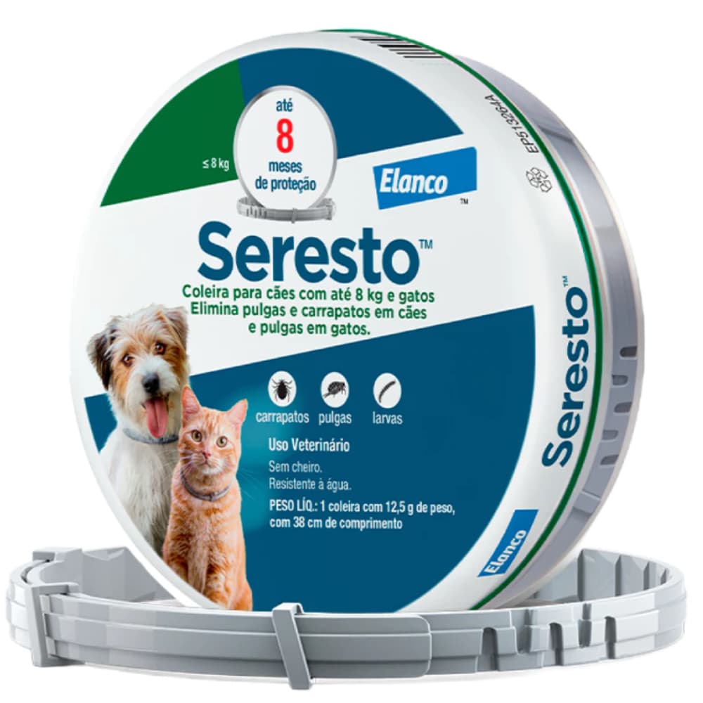 Coleira Antipulgas e Carrapatos Seresto para Cães e Gatos até 8 Kg - Elanco
