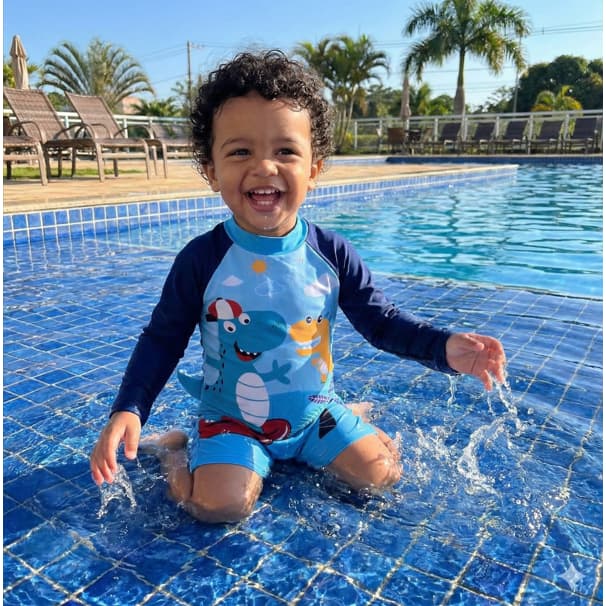 Maiô Shorts Natação Infantil Menino Macacão Manga Longa Verão Com Proteção UV50 Praia Piscina