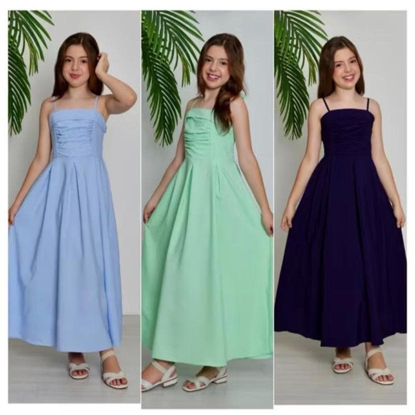 Vestido Francielly elastex LONGO INFANTIL MENINA JUVENIL LISO ALCINHA DE AMARRAR REGATA FRANZIDO