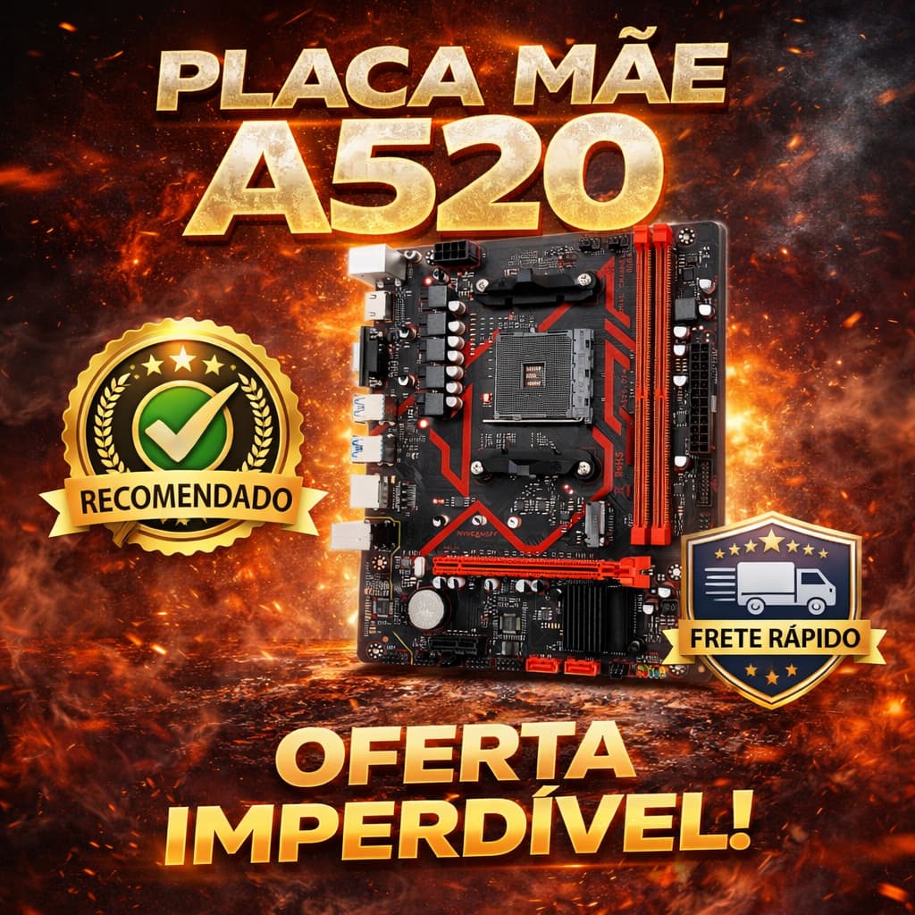 Placa-Mãe A520M AM4 | Suporte Ryzen 3000 a 5000 | DDR4 até 64GB | M.2 NVMe | HDMI + VGA | Micro-ATX