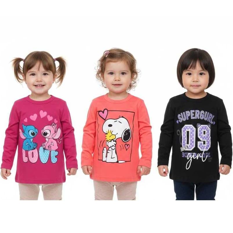 Kit 3 Camiseta Infantil Manga Longa Inverno Menina Cores e Estampas Sortidas 01 ao 03 100% Algodão