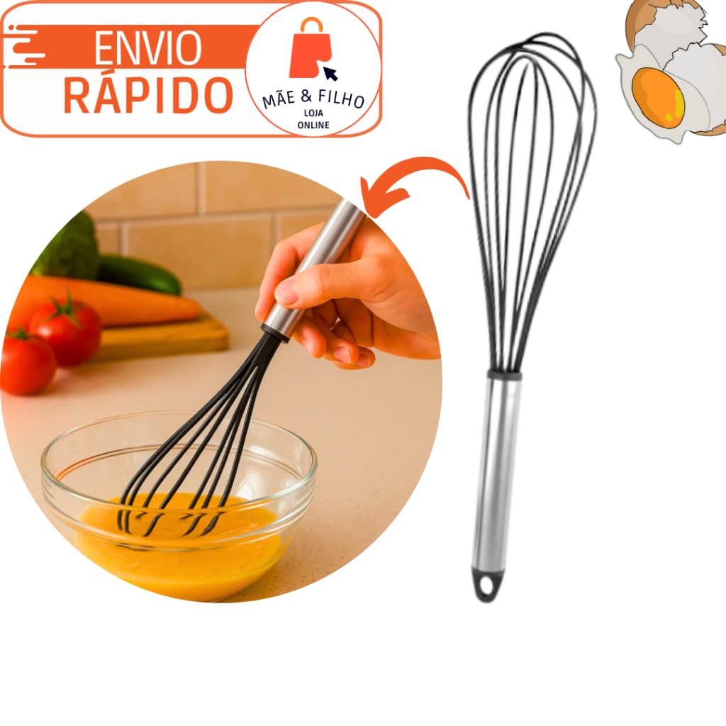 Batedor de Ovos Fue Silicone Misturador Cabo Inox Massas Cozinha