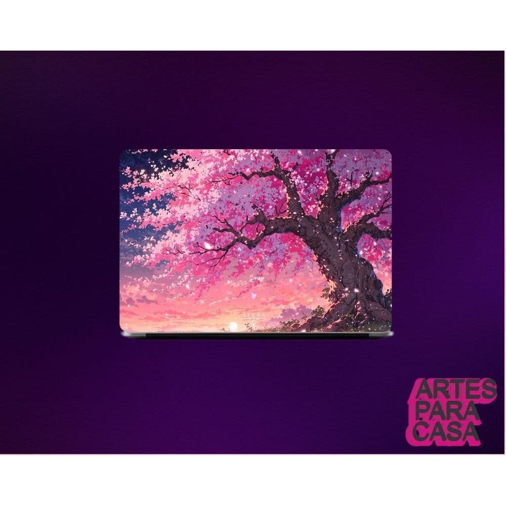 Skin Adesivo para Notebook Tablet Kindle Paisagem Vintage Árvore Cerejeira Sakura Rosa Neon