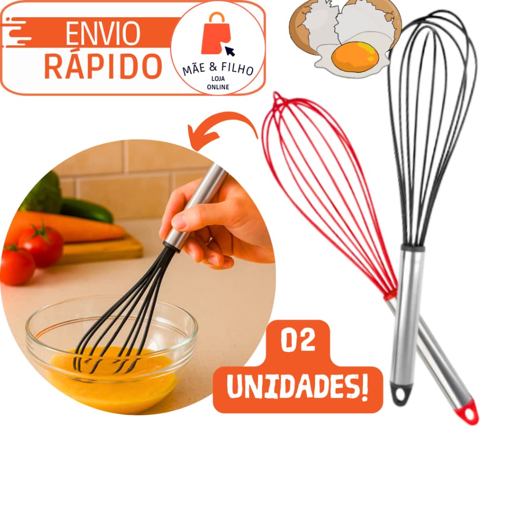 Kit 2 Batedor de Ovos Fue Silicone Misturador Cabo Inox Massas Cozinha