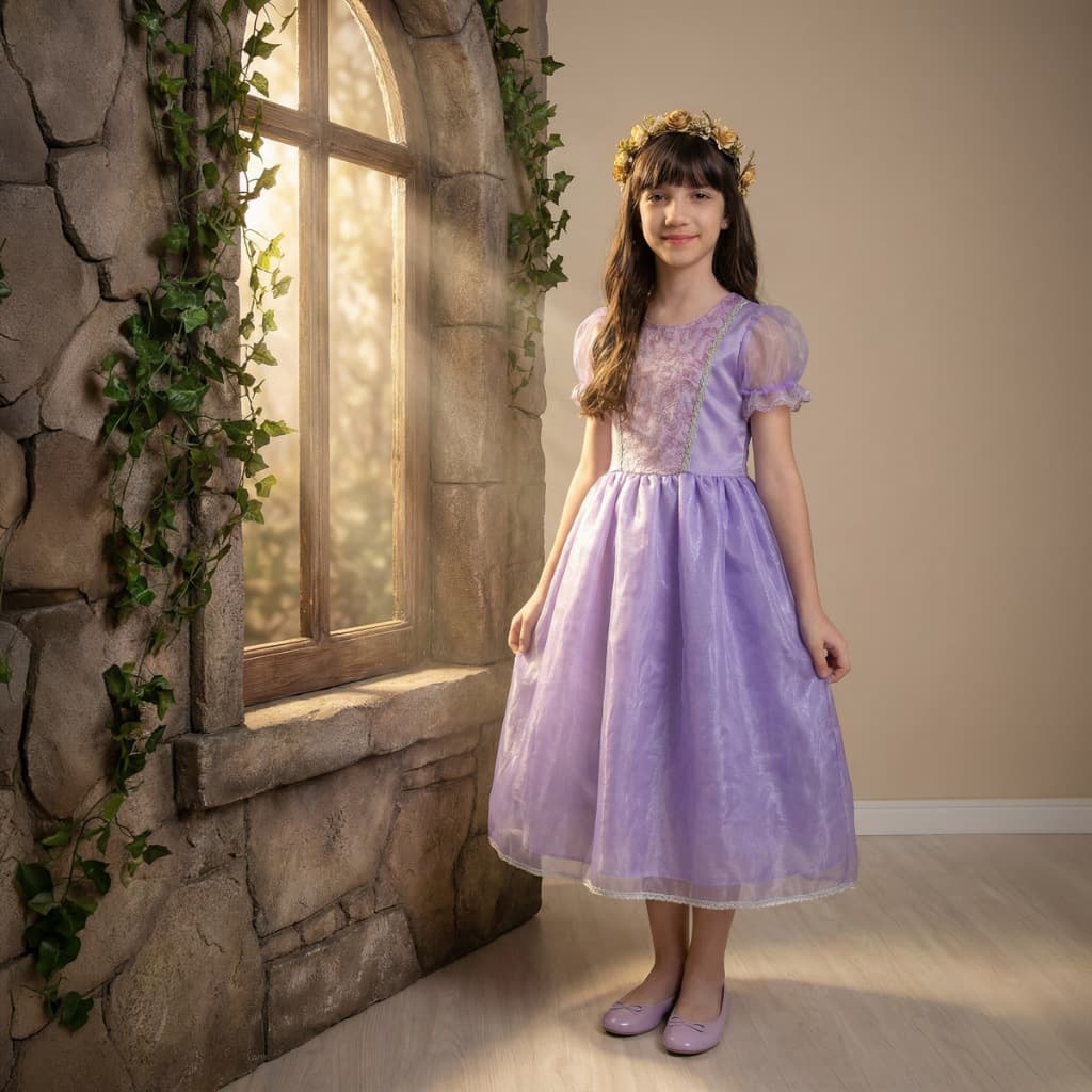Fantasia Infantil Princesa Rapunzel Vestido longo Luxuoso Menina Lilás Roxo Com Brilho