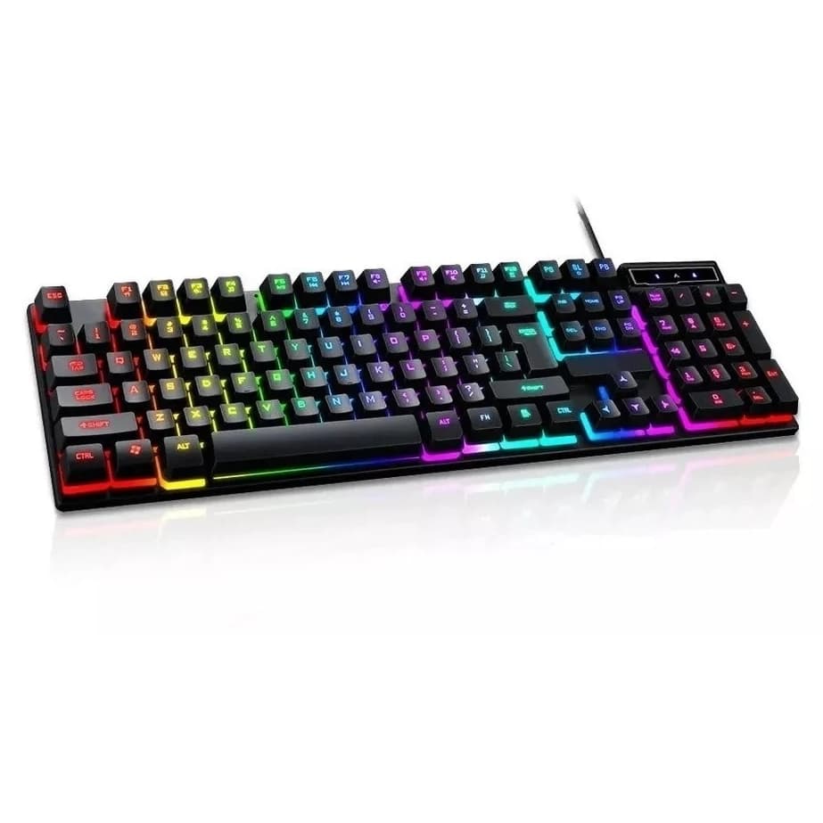 Teclado Gamer Semi Mecânico Com Fio Preto Led Rgb Usb Português/BR Pc Ps4 Rainbow Ergonômico FULL