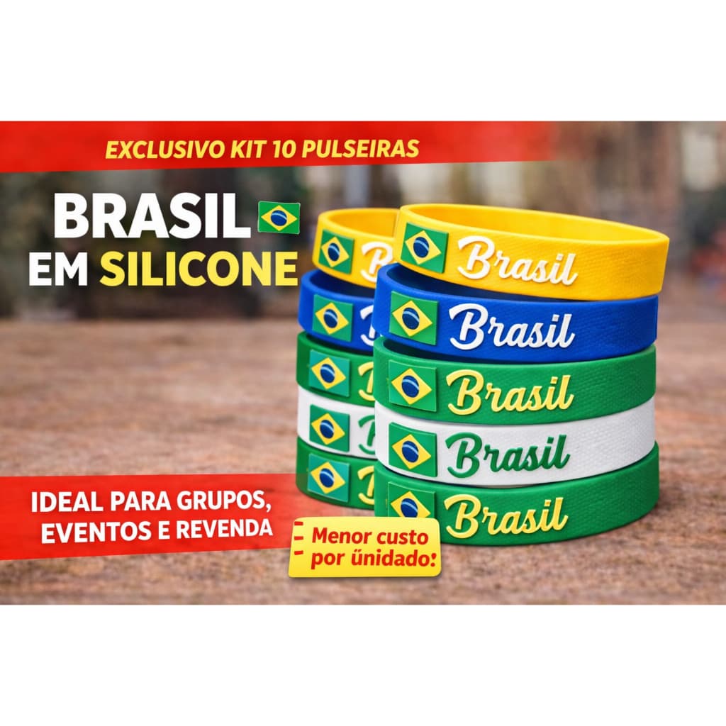 Kit 10 Pulseiras Brasil em Silicone BR Econômico Atacado