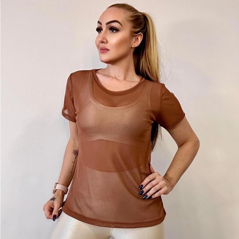 Blusa Feminina De Tule Transparente Academia Fitness Camisão Fitness Brasil Copa do Mundo