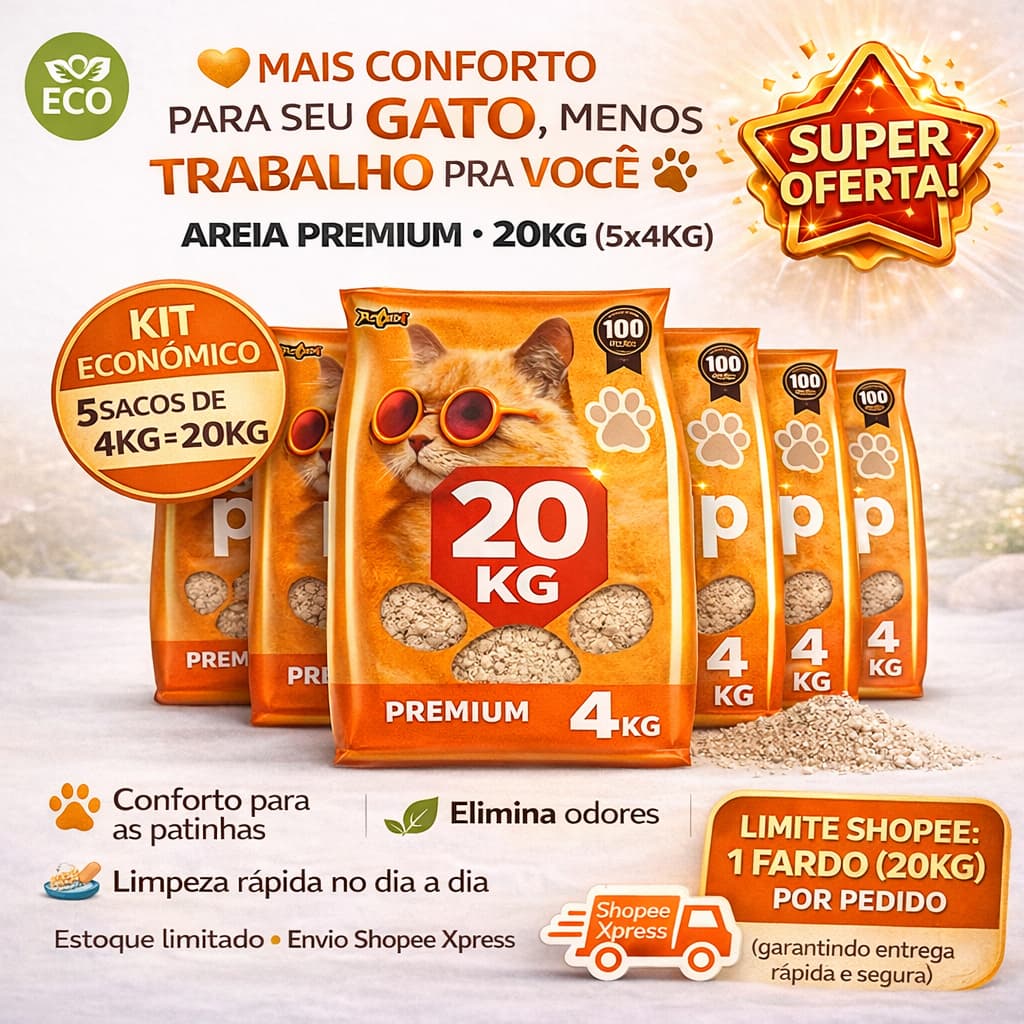 Kit 5 Areias Sanitárias POP STAR 20kg – Premium, Alta Absorção e Controle de Odores