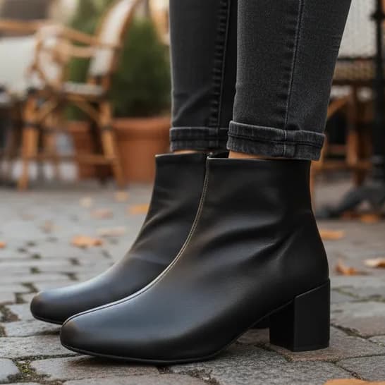 Bota Bico Quadrado Salto Baixo com Zíper Lateral Cano Curto Confortável