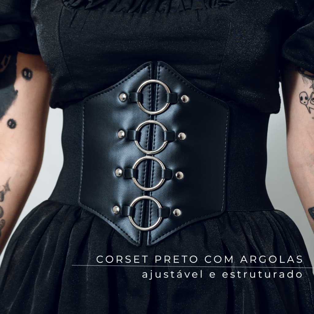 Corset Cinto Espartilho Gótico com Argolas Elástico Ajustável Corselet Corpete