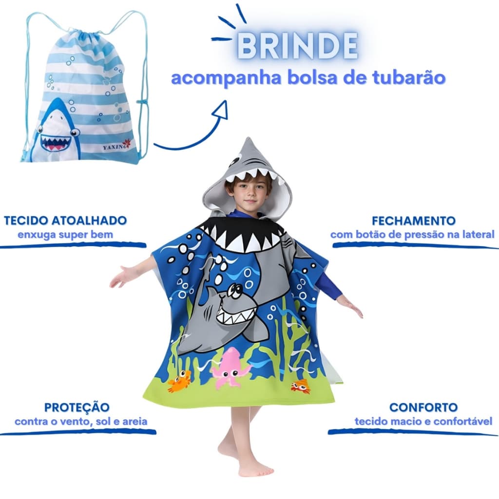 Roupão de banho atoalhado infantil saída de praia piscina para o verão com capuz