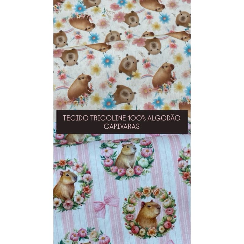 Tecido Tricoline estampado 100% Algodão Capivara e Florzinhas - 0,25cm x 1,50mt