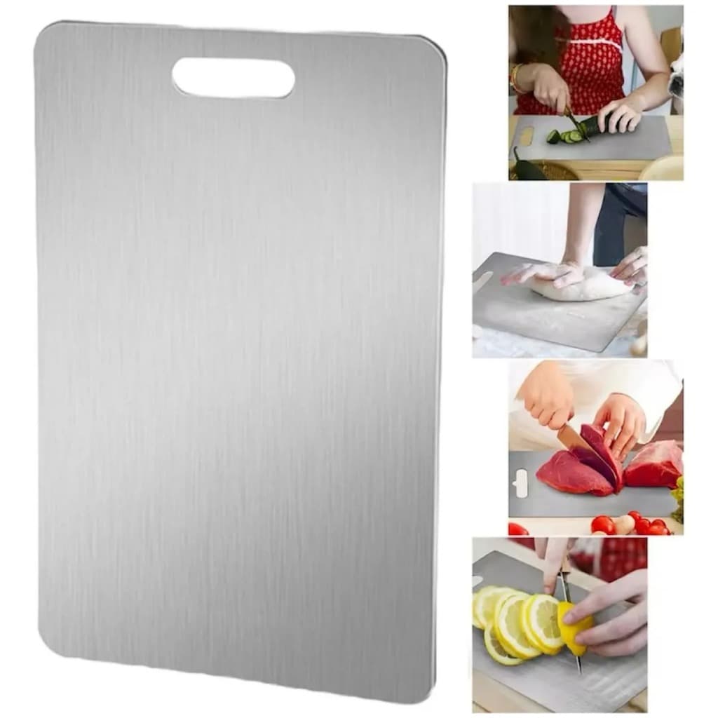 Tábua De Corte Titânio Inox Com Alça Para Cozinha 34x23 Cm Churrasco Legumes Retangular Prateado