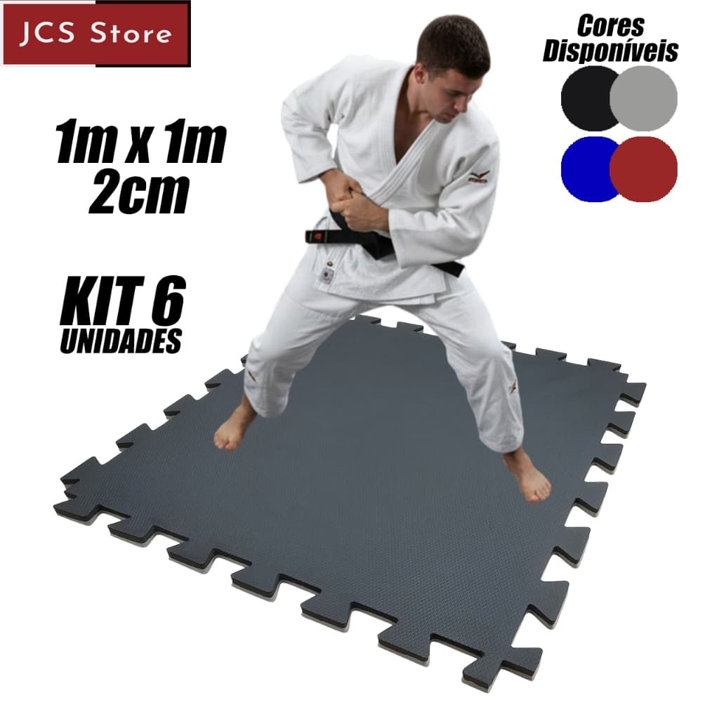 Kit 6 Tatame EVA 1x1m 2cm Dupla Face Preto e Cinza | Piso para Academia, Lutas, Cross Training e Área Infantil