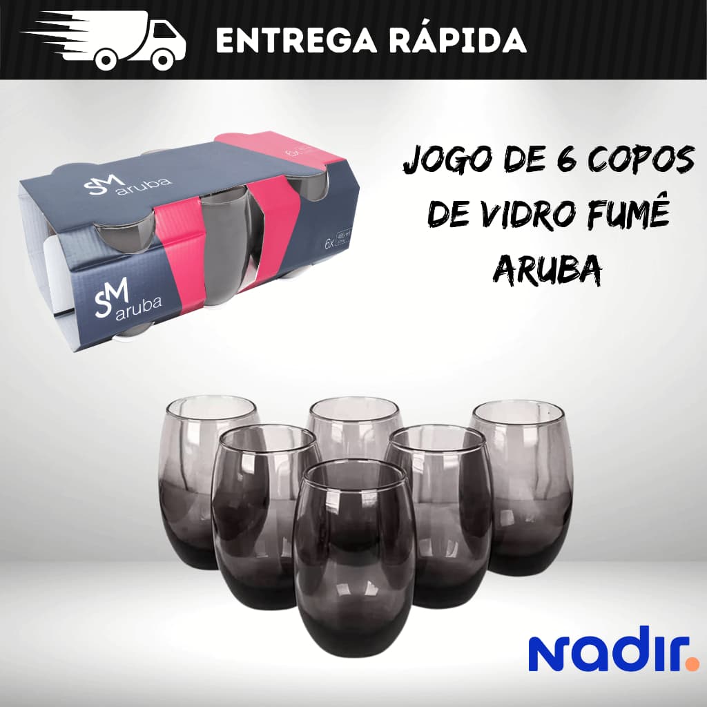 Jogo De Copos De Vidro Com 6 peças Fumê 465ml - Aruba Nadir