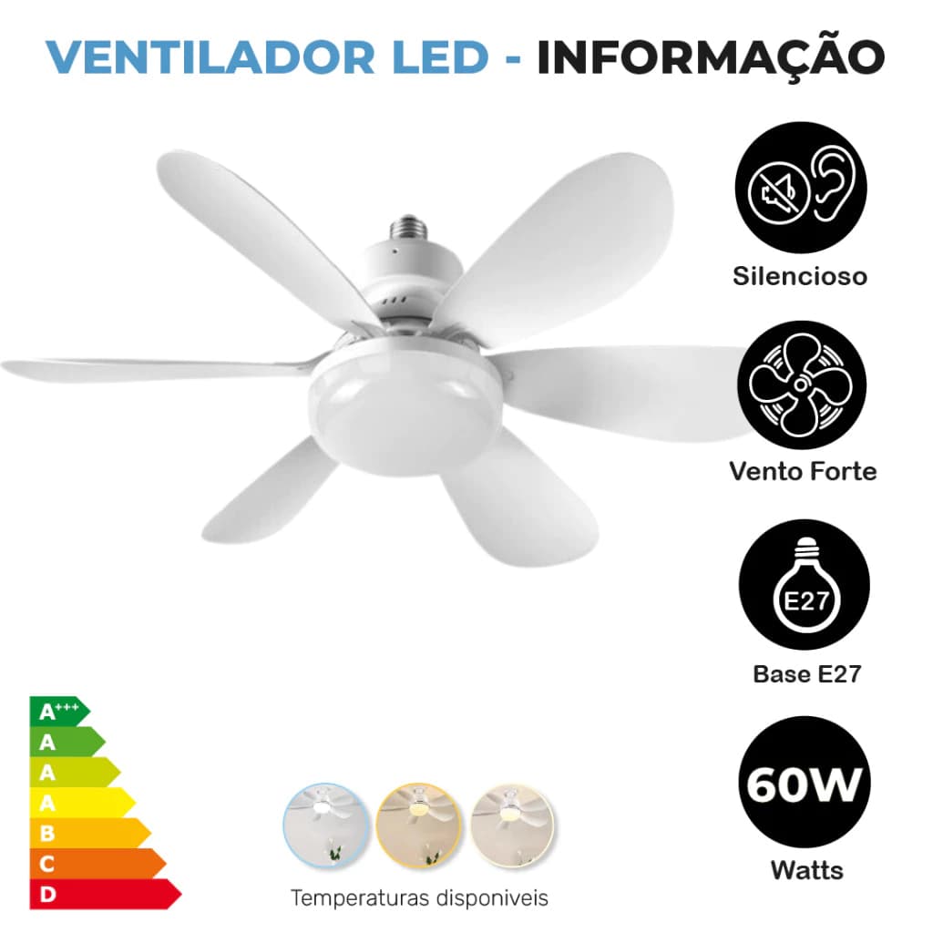 Ventilador Teto 60W 52CM Super LED Lâmpada E27 Controle Remoto Luminária de Energia 6 lâminas