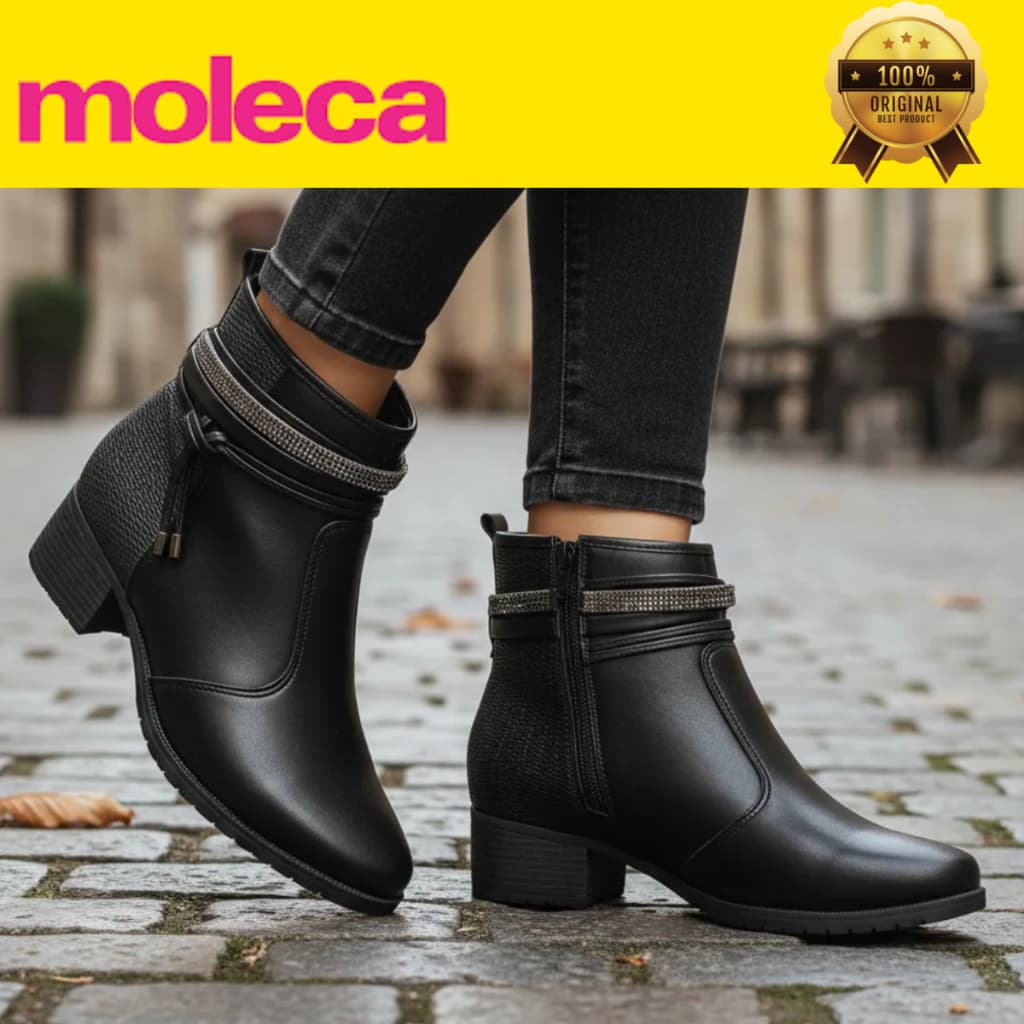 Bota Salto Baixo Grosso Moleca Cano Curto Com Fivela Strass Feminina Casual Zíper Original 5346103