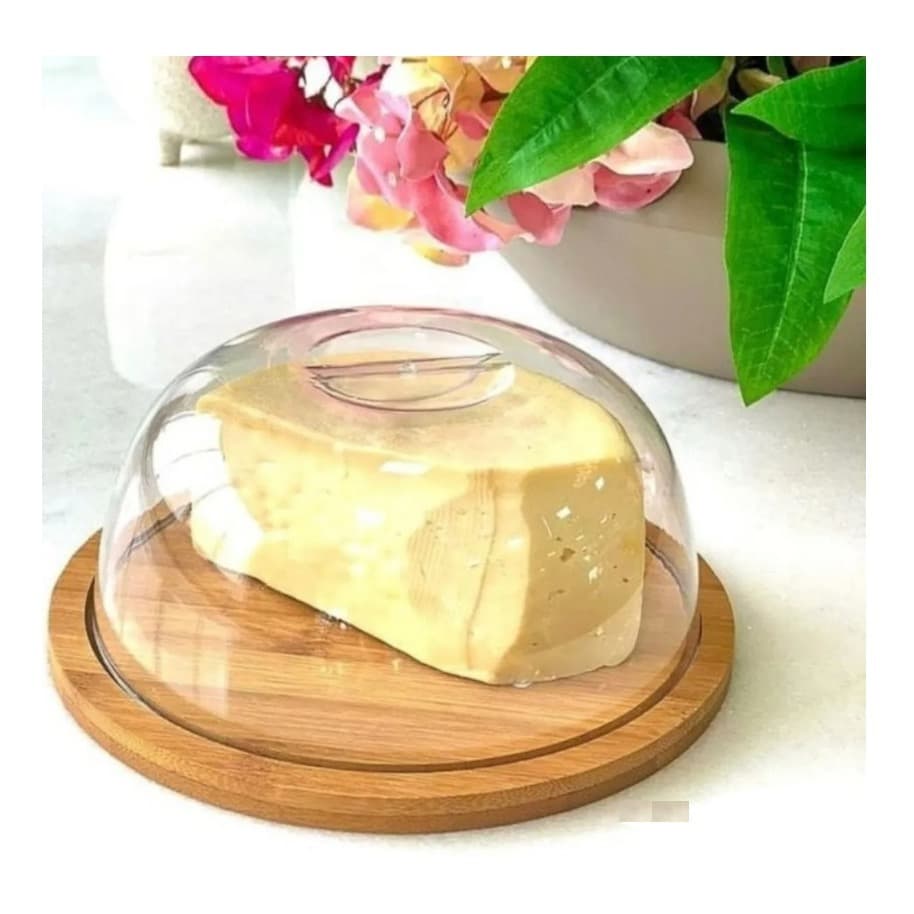 Porta Queijo e Boleira 2 em 1 Bambu com Tampa Acrílica Transparente para Mesa Posta