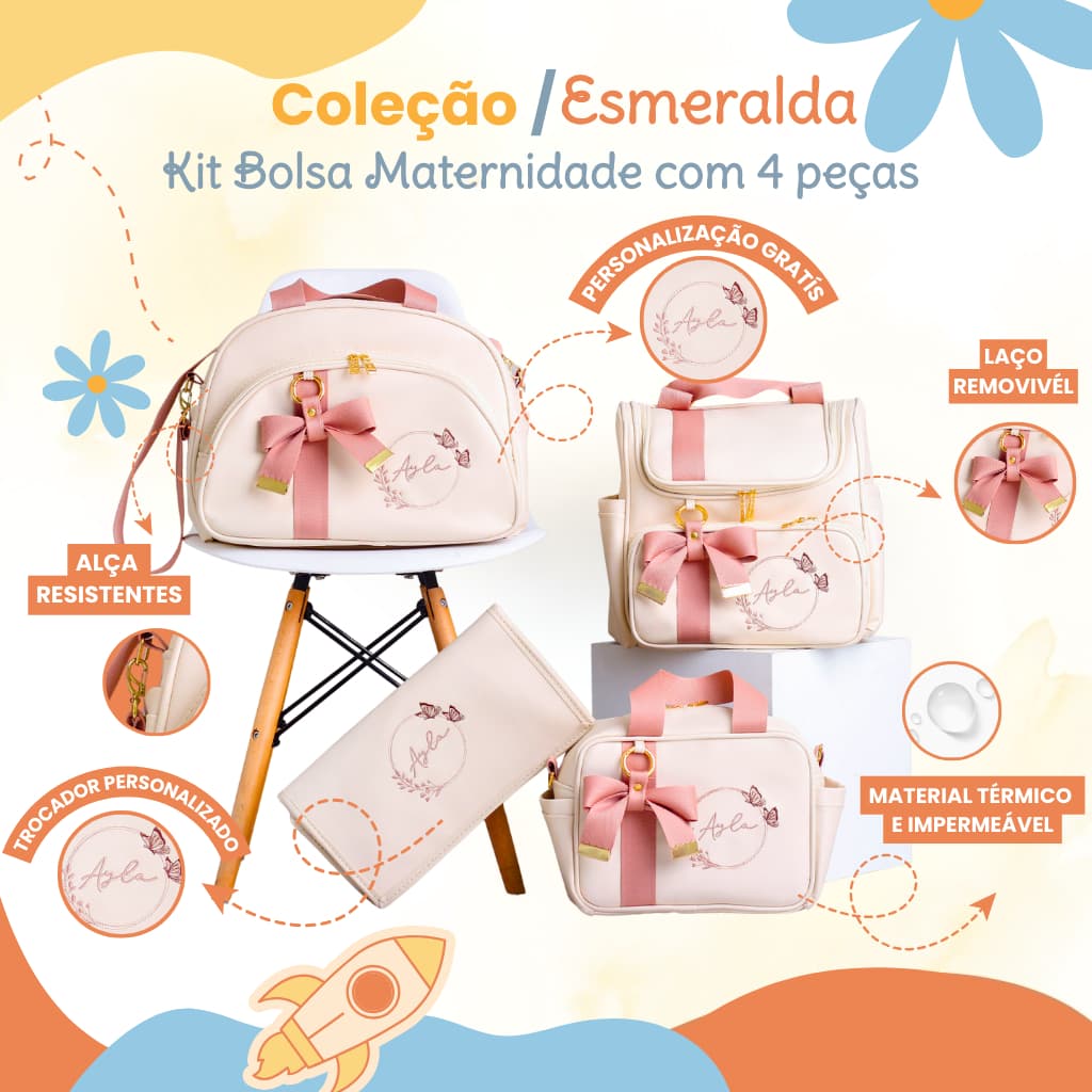Kit  Maternidade 4 Peças Personalizado / Coleção Esmeralda, Estação Mamãe e Bebê.