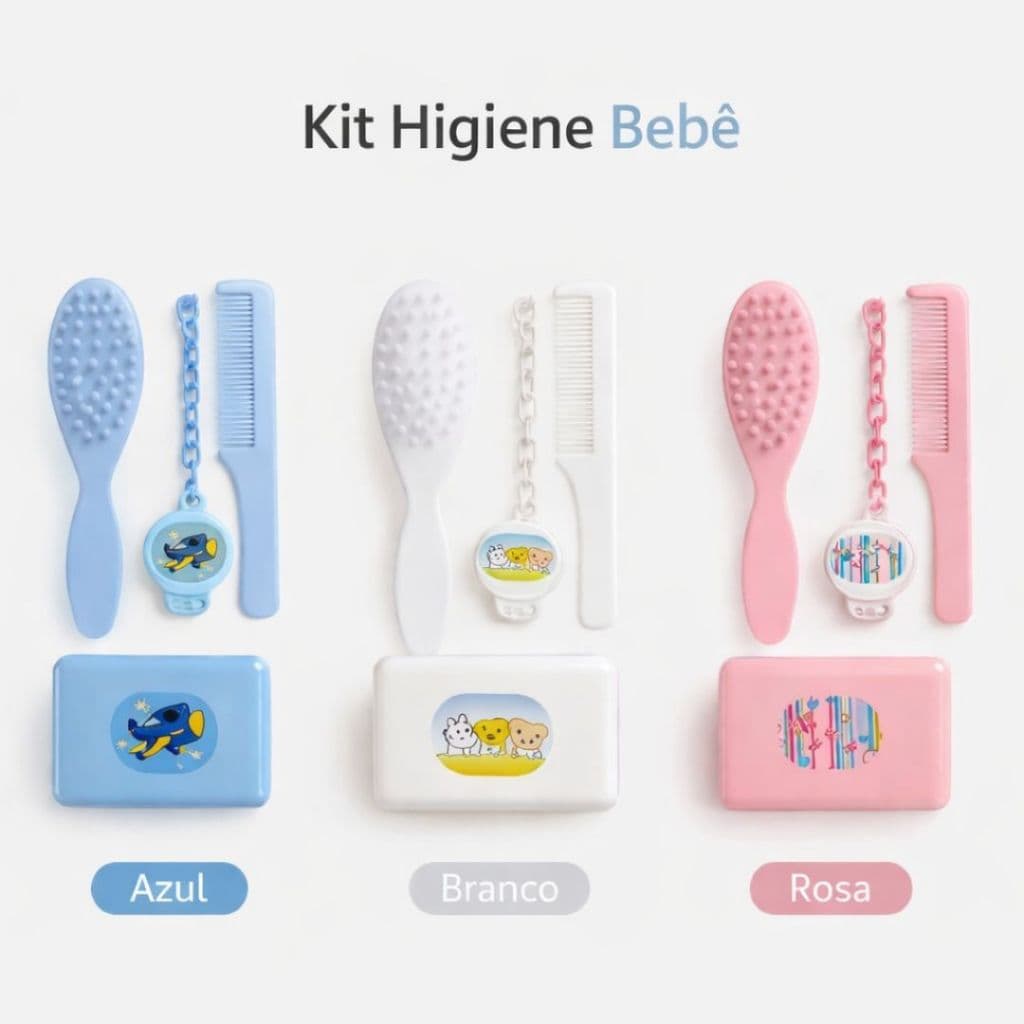 Kit banho bebê  Pente, Escova, Saboneteira e Prendedor de chupeta Menino Menina 4 Peças
