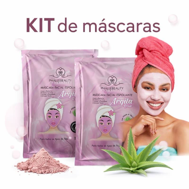 kit com 10 Máscara Facial Argila Rosa e Acido hialurônico Sachê 10g - Phállebeauty