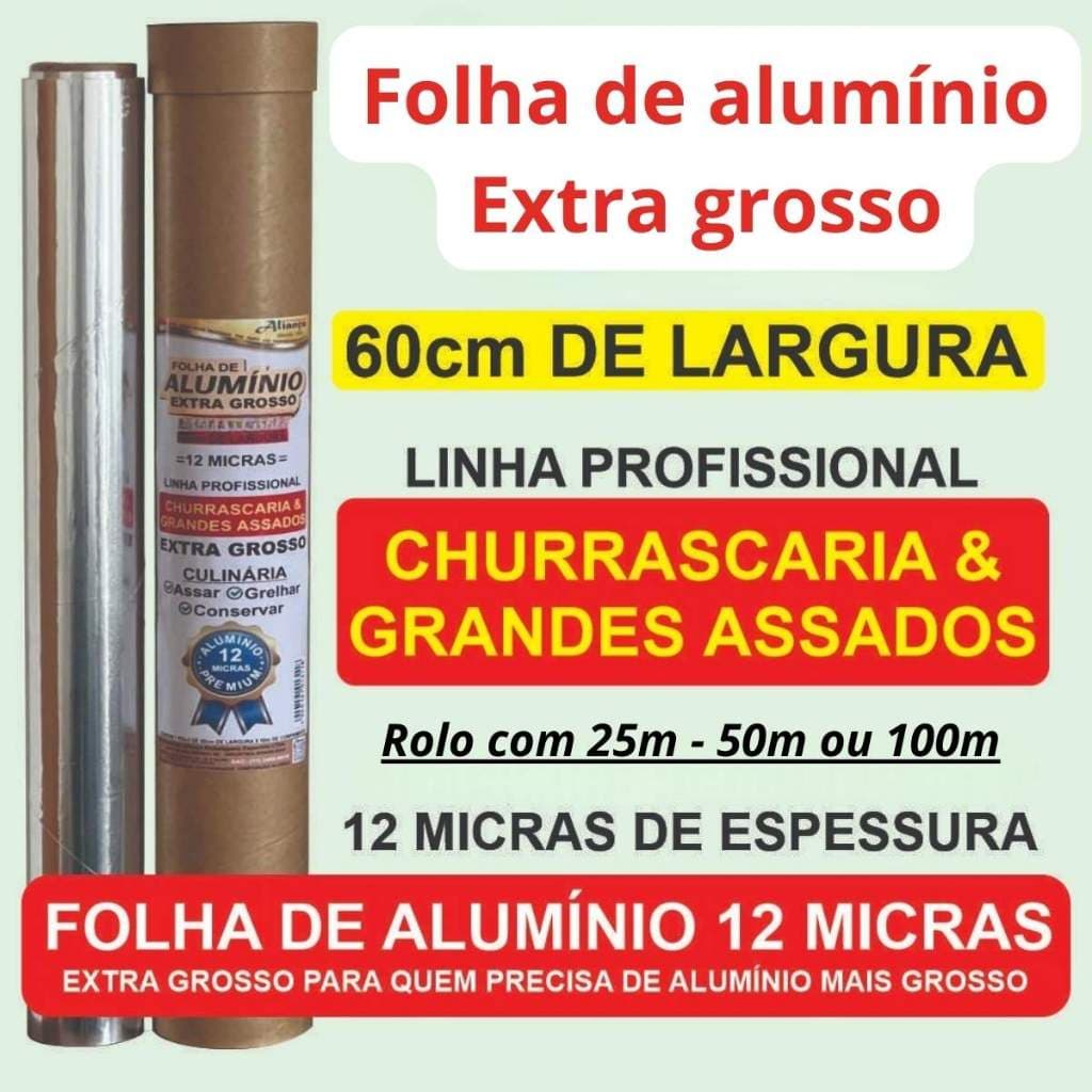 Rolo de papel alumínio extra grosso 60cm com 25m, 50m ou 100m de comprimento 12 micras