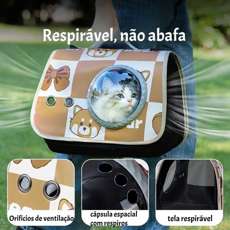 Mochila Pet Cápsula Espacial para Gatos Respirável Visão Panorâmica Dobrável