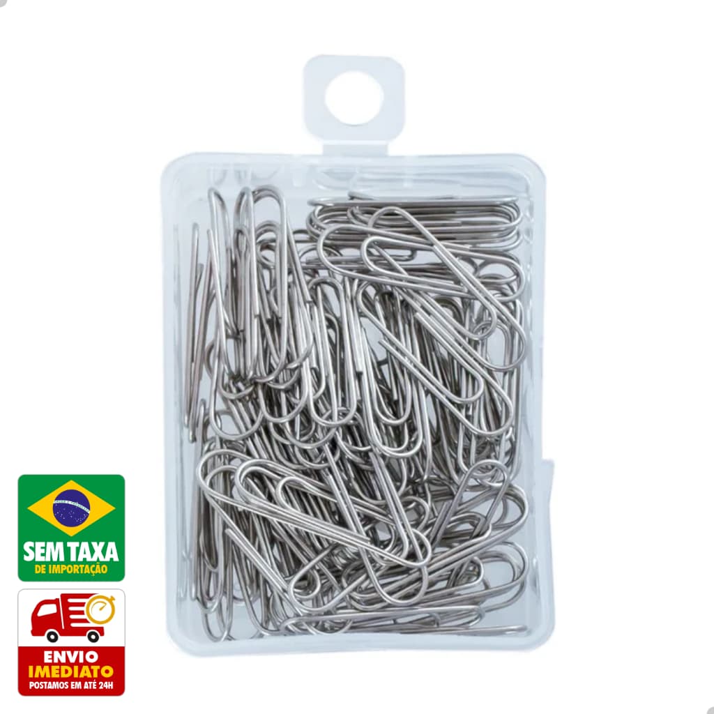 Jogo 80 Clips de Metal 28mm Niquelado para Papel Escola Escritório com Estojo Organizador