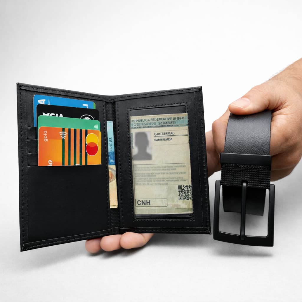 Kit Carteira Masculina Preta + Cinto Masculino Fivela Preta Presente Elegante - Porta Documentos CNH